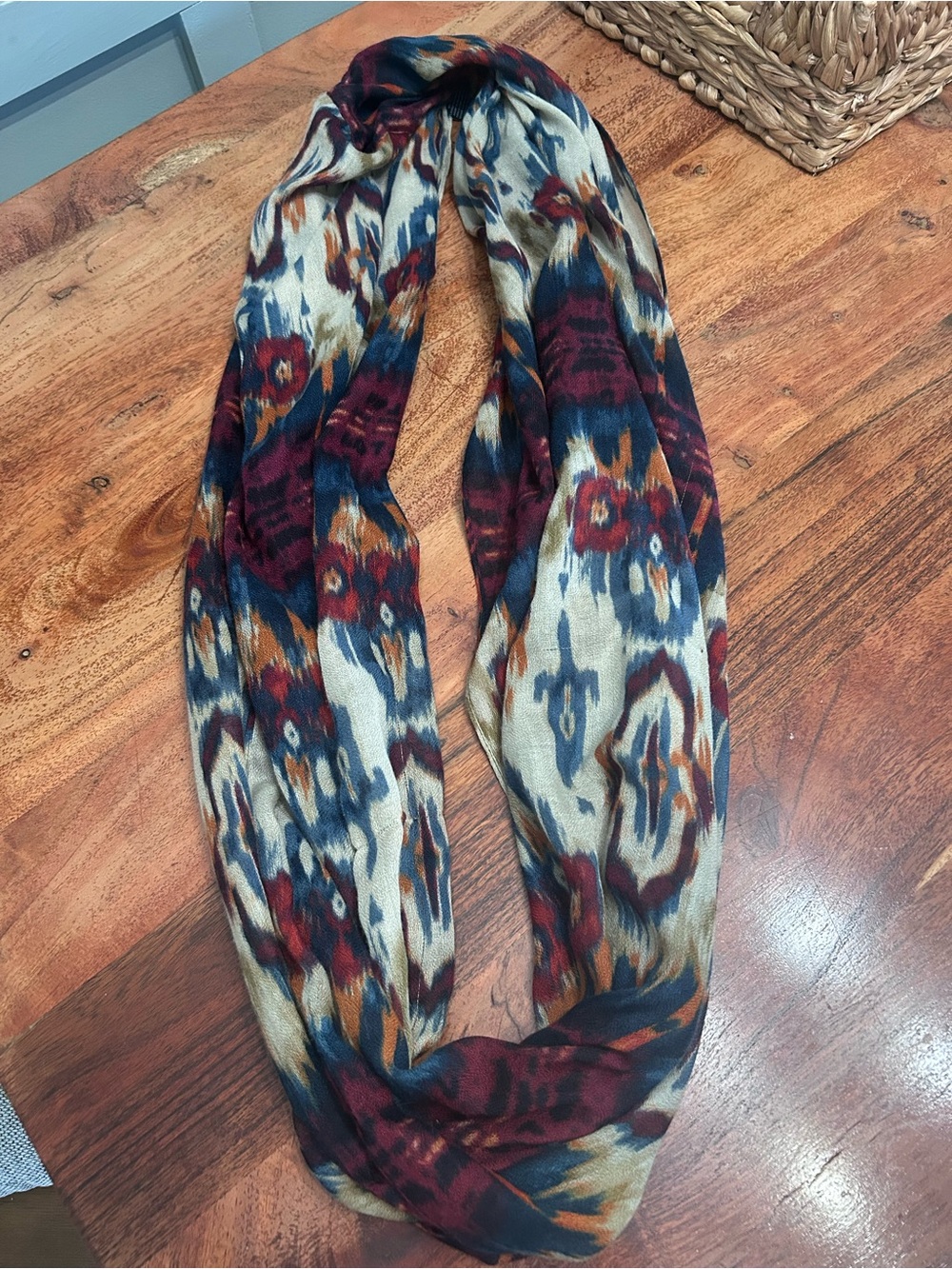 Chaps Infinity Scarf in Burgundy, Navy & Cream Ikat Print